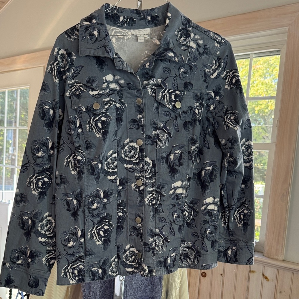 Floral Denim Jacket in Navy  and Gray Roses Print